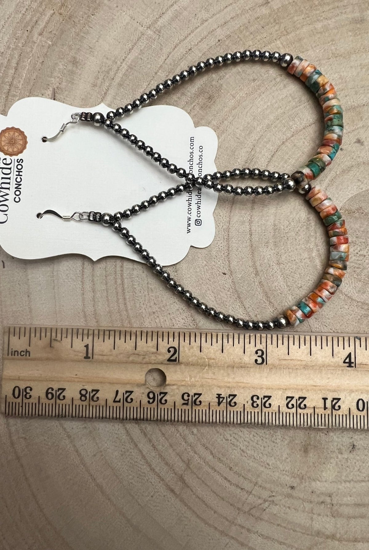 3mm Sterling Silver Pearl Teardrop with Orange Spiny Oyster/Turquoise Earrings - 4 inch drop - Cowhide and Conchos
