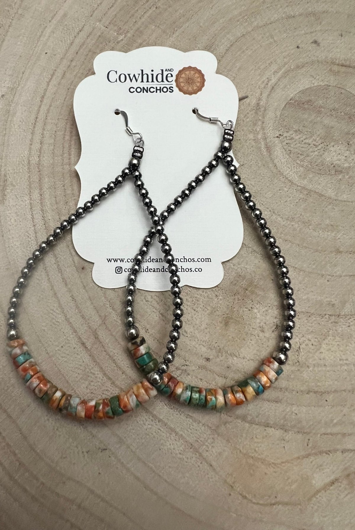3mm Sterling Silver Pearl Teardrop with Orange Spiny Oyster/Turquoise Earrings - 4 inch drop - Cowhide and Conchos