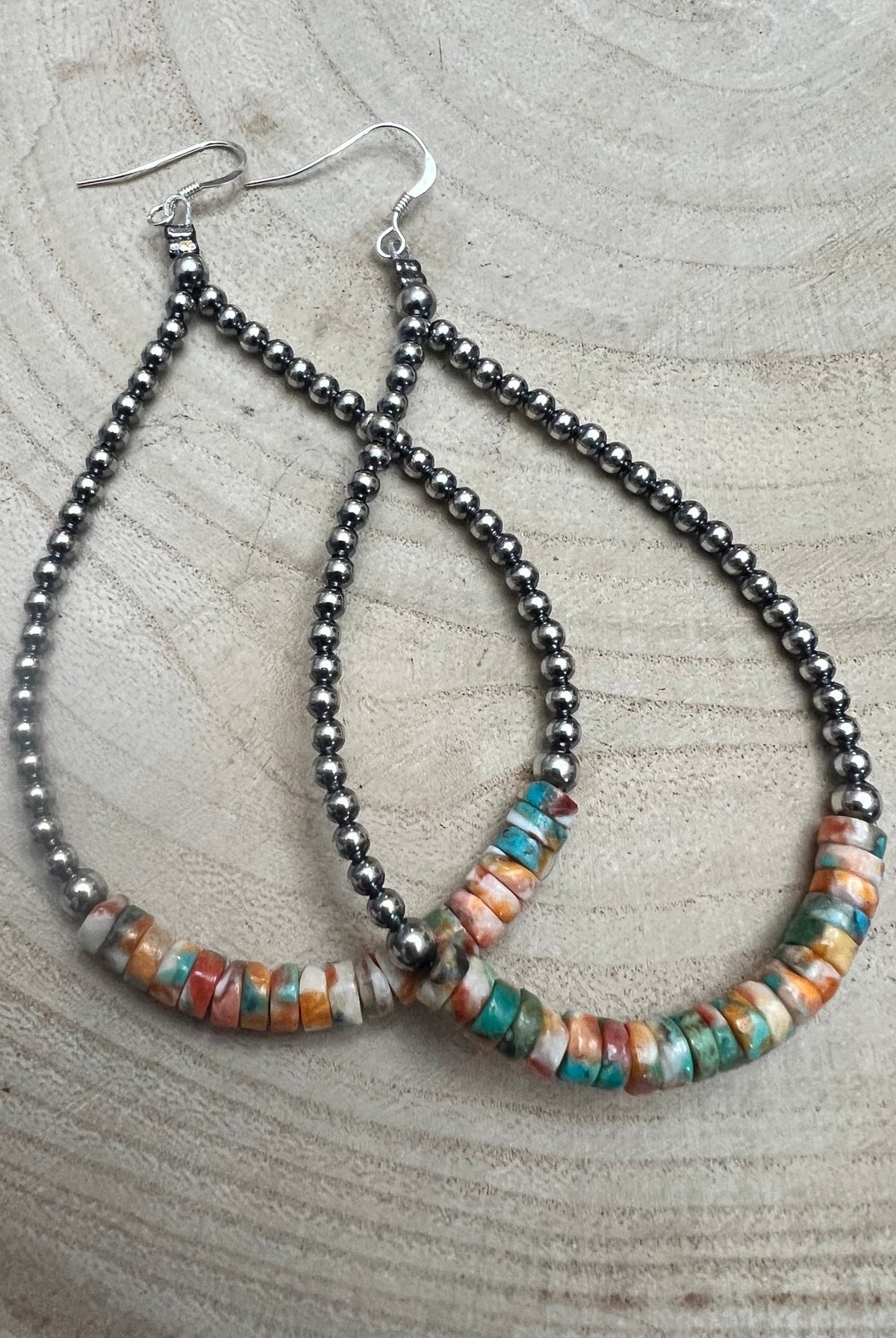 3mm Sterling Silver Pearl Teardrop with Orange Spiny Oyster/Turquoise Earrings - 4 inch drop - Cowhide and Conchos