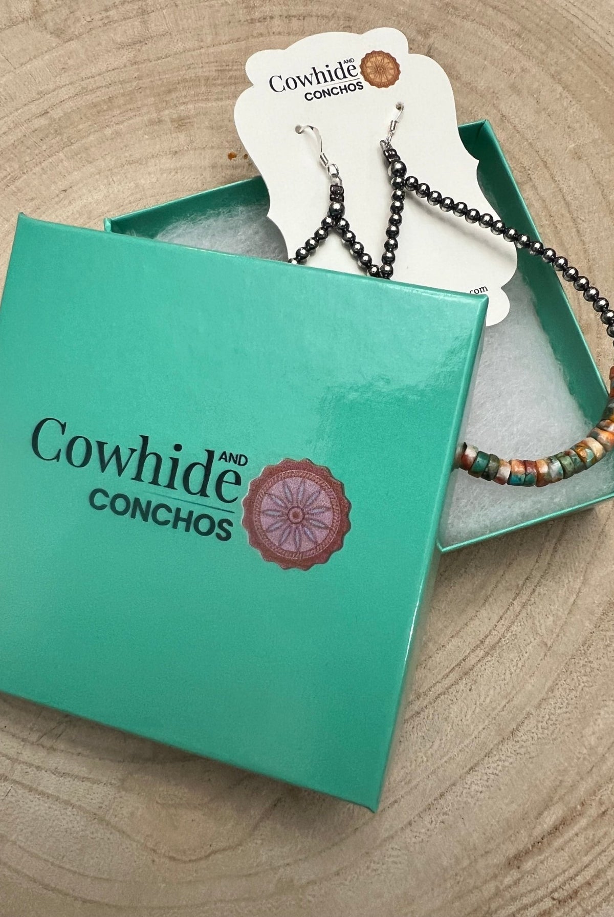 3mm Sterling Silver Pearl Teardrop with Orange Spiny Oyster/Turquoise Earrings - 4 inch drop - Cowhide and Conchos