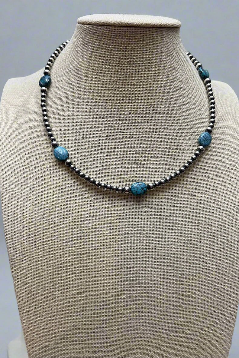4mm & 5mm Sterling Pearl Turquoise Choker - 15 inch - Cowhide and Conchos