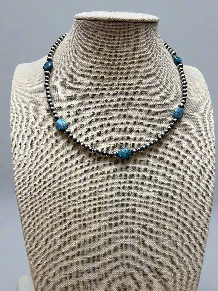 4mm & 5mm Sterling Pearl Turquoise Choker - 15 inch - Cowhide and Conchos