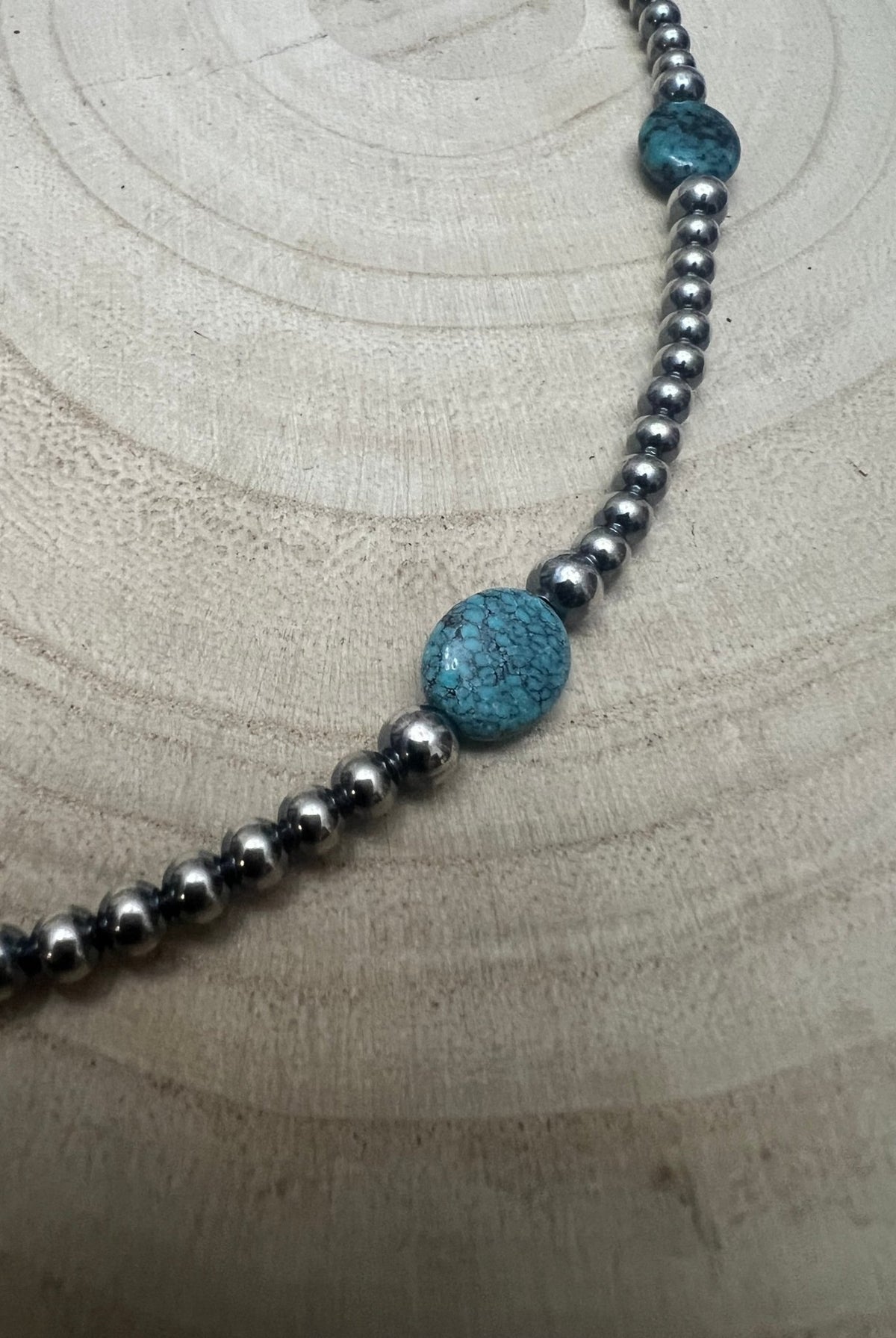 4mm & 5mm Sterling Pearl Turquoise Choker - 15 inch - Cowhide and Conchos