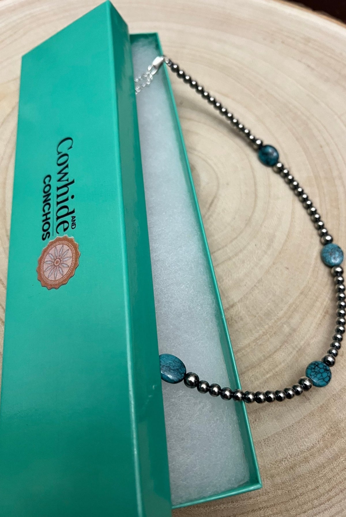 4mm & 5mm Sterling Pearl Turquoise Choker - 15 inch - Cowhide and Conchos
