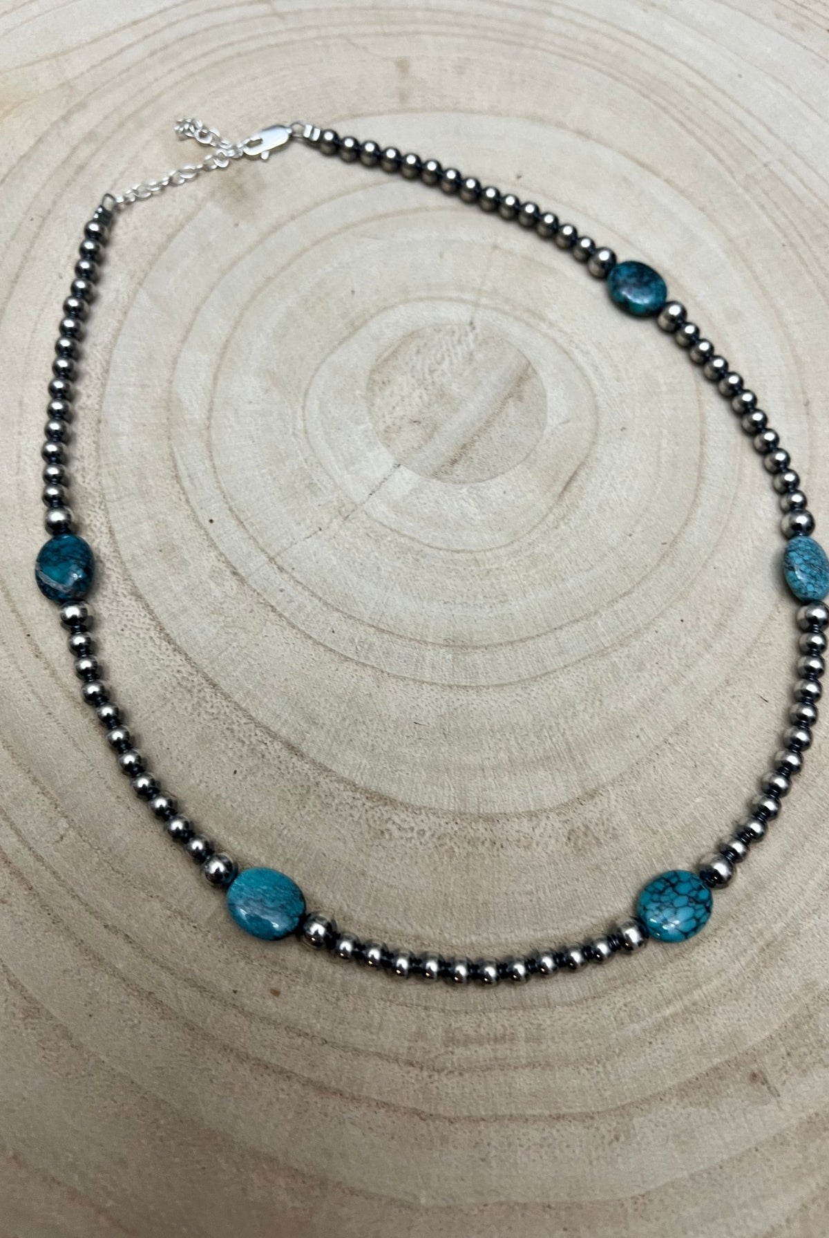 4mm & 5mm Sterling Pearl Turquoise Choker - 15 inch - Cowhide and Conchos