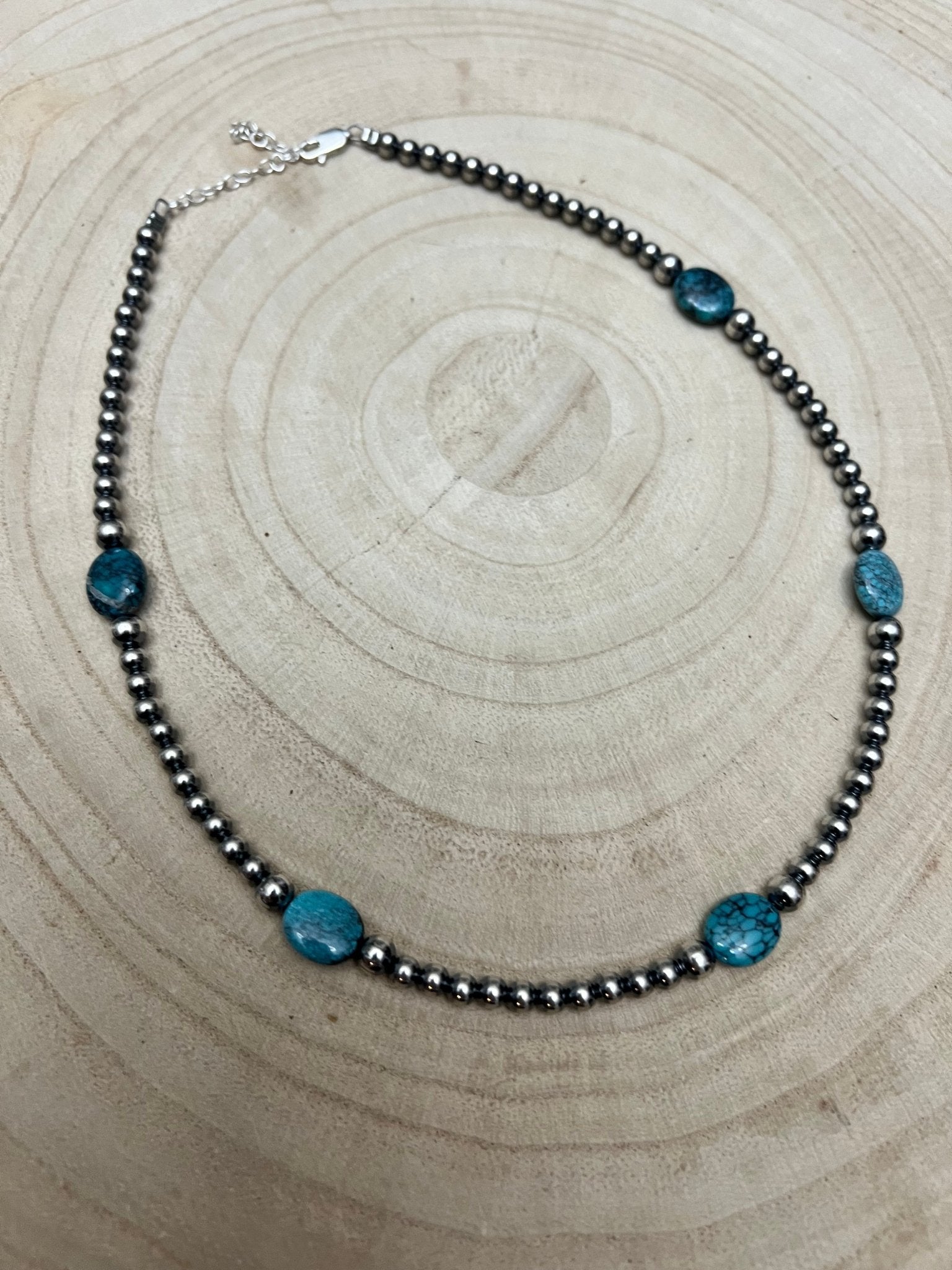 4mm & 5mm Sterling Pearl Turquoise Choker - 15 inch - Cowhide and Conchos