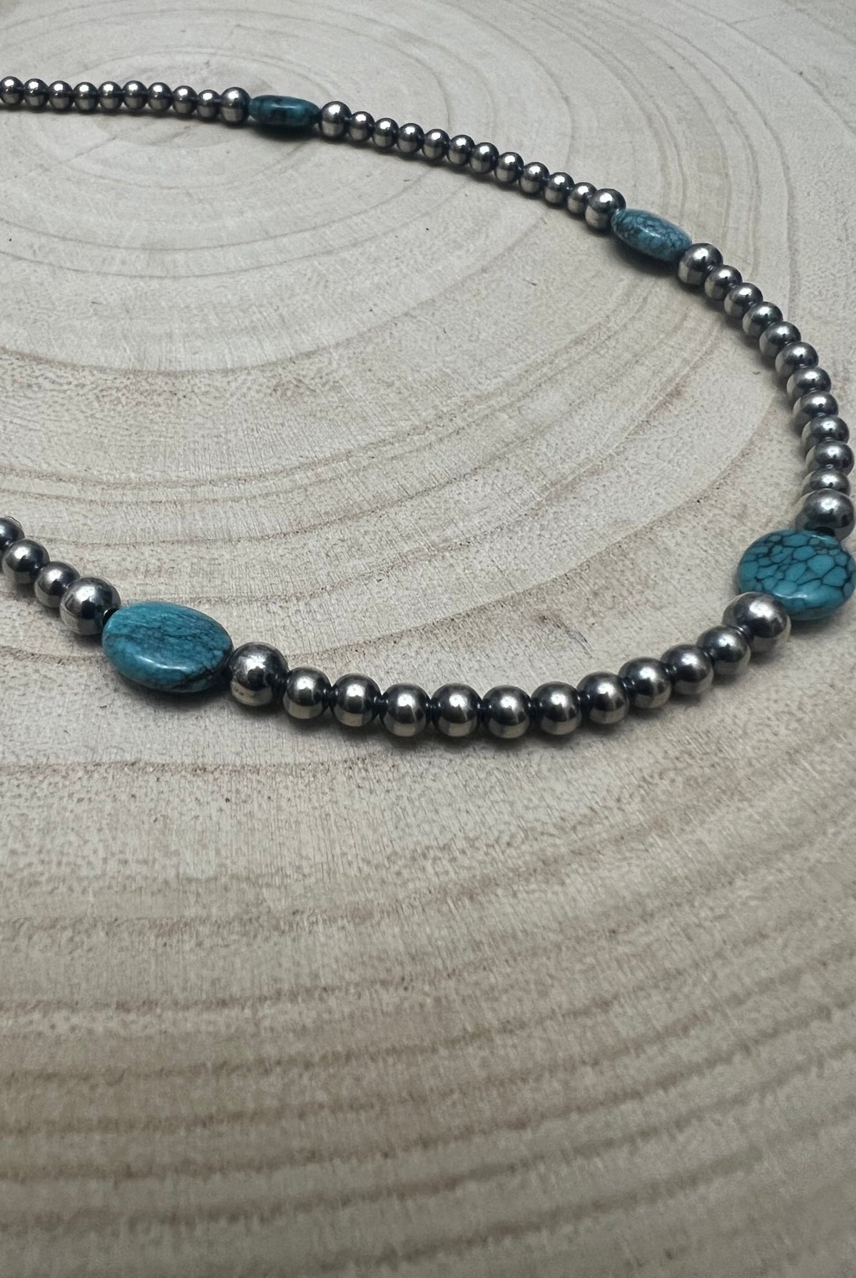 4mm & 5mm Sterling Pearl Turquoise Choker - 15 inch - Cowhide and Conchos