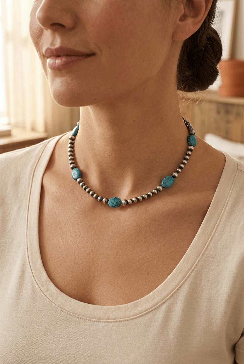 4mm & 5mm Sterling Pearl & Turquoise Choker — 15 inch (Handmade in North Texas) - Cowhide and Conchos