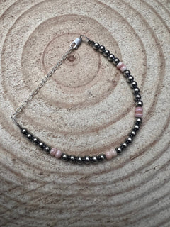 4mm Sterling Pearl and Pink Conch Bracelet - Cowhide and Conchos