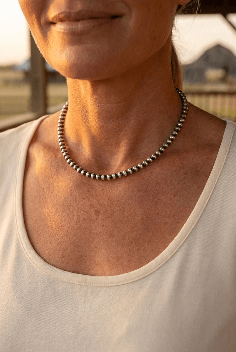 4mm Sterling Pearl Choker — 14 inch - Cowhide and Conchos