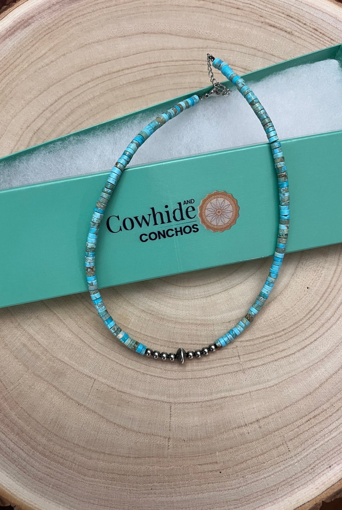 4mm Sterling Pearls and Sterling Saucer Accent Bead Choker - 14 inch - Cowhide and Conchos
