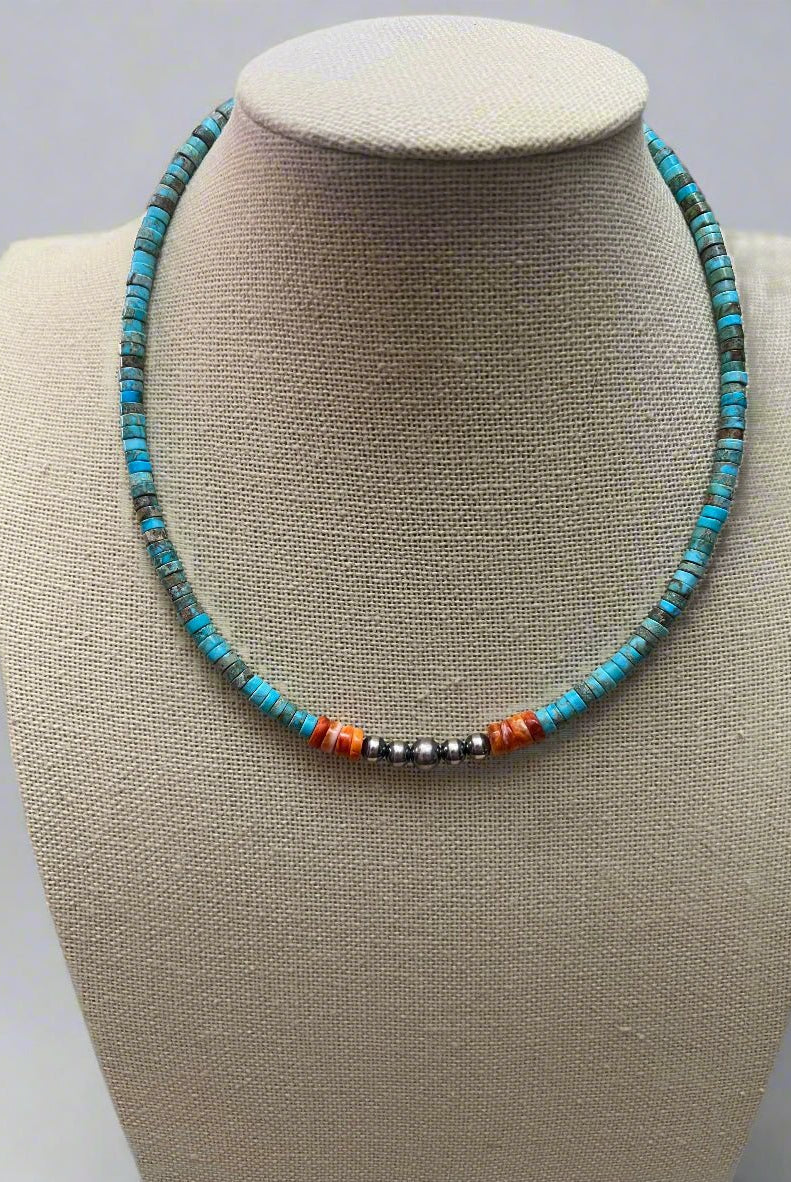 4mm Sterling Pearls, Variscite Turquoise and Spiny Oyster - The Vibrant Choker - Cowhide and Conchos