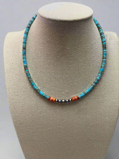 4mm Sterling Pearls, Variscite Turquoise and Spiny Oyster - The Vibrant Choker - Cowhide and Conchos