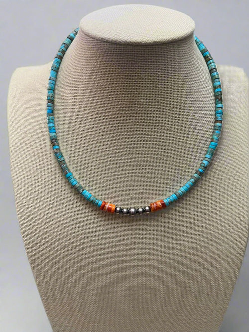 4mm Sterling Pearls, Variscite Turquoise and Spiny Oyster - The Vibrant Choker - Cowhide and Conchos