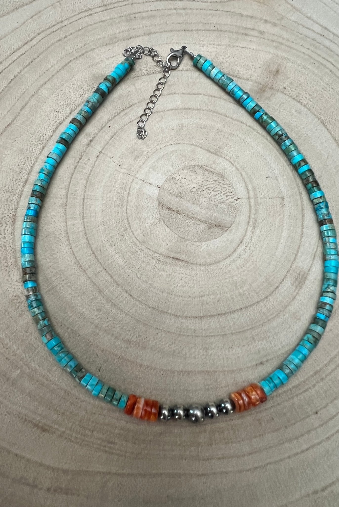 4mm Sterling Pearls, Variscite Turquoise and Spiny Oyster - The Vibrant Choker - Cowhide and Conchos