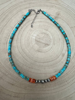 4mm Sterling Pearls, Variscite Turquoise and Spiny Oyster - The Vibrant Choker - Cowhide and Conchos