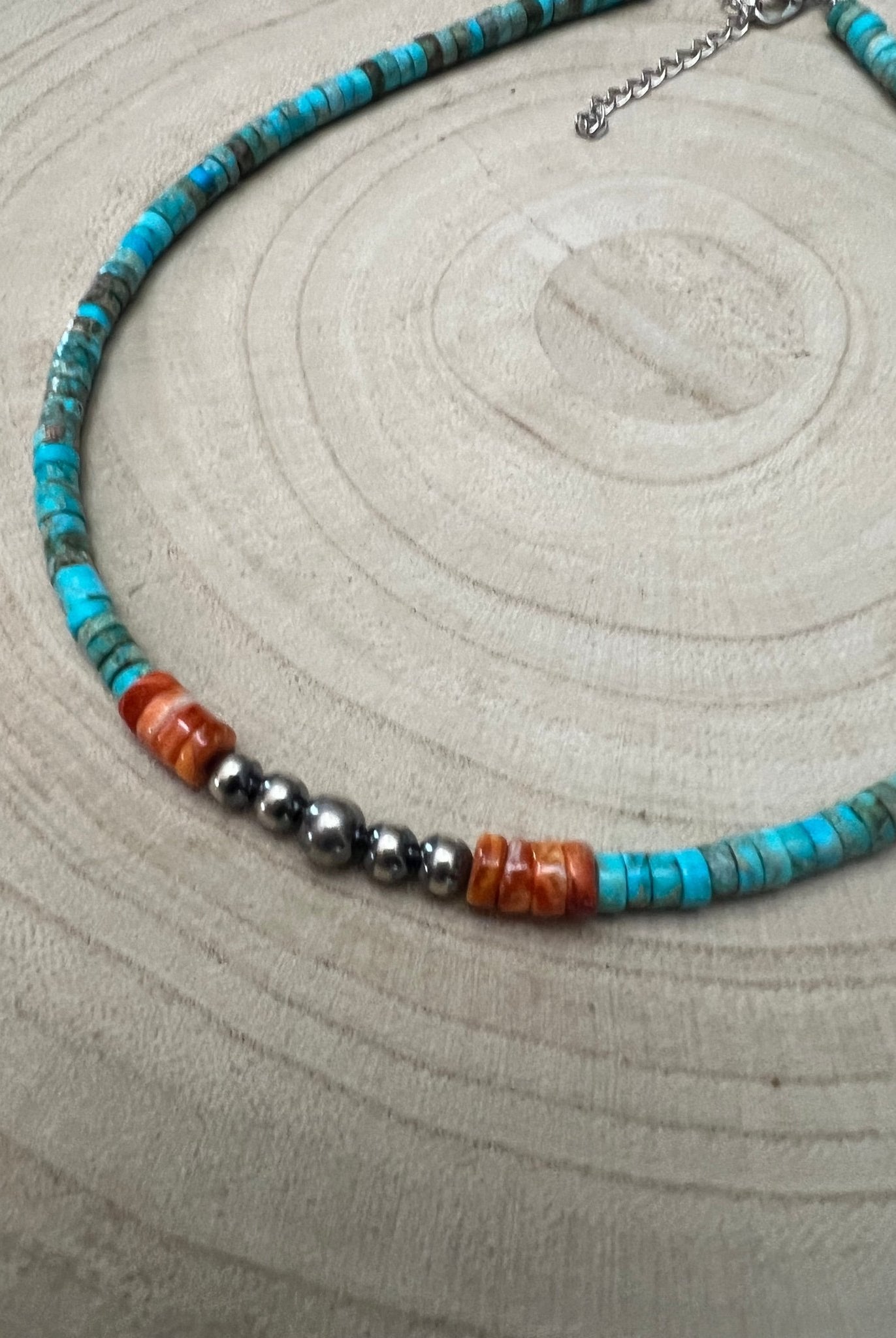4mm Sterling Pearls, Variscite Turquoise and Spiny Oyster - The Vibrant Choker - Cowhide and Conchos
