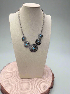 5 Conchos with Faux Turquoise Necklace - 18 inch + 3 inch extender - Cowhide and Conchos