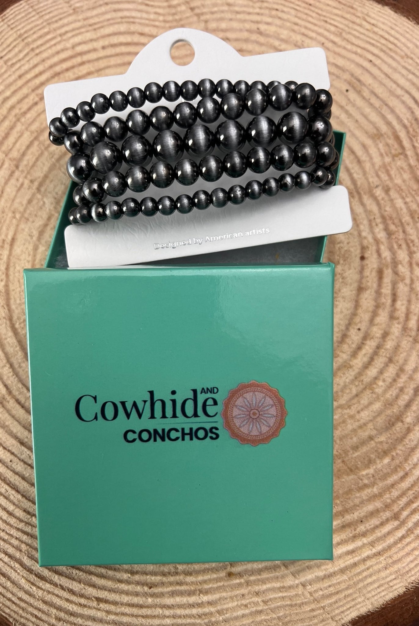 5 for 1 set Faux Sterling Pearl Stretch Bracelet - 7 inch bracelets - Cowhide and Conchos