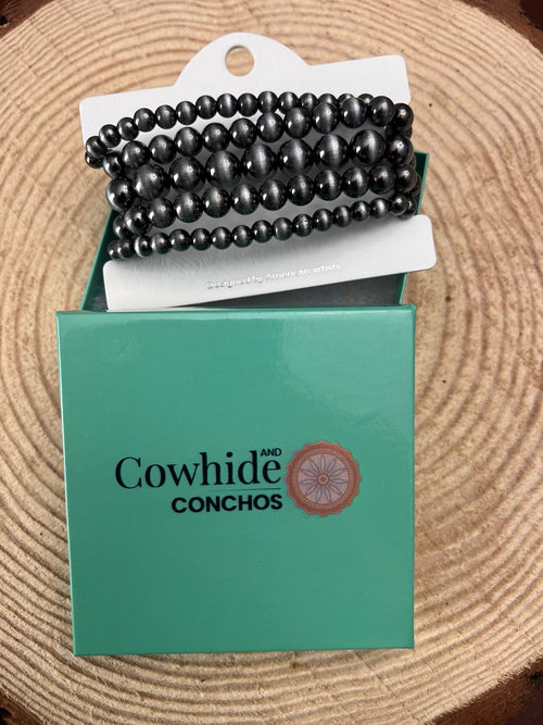 5 for 1 set Faux Sterling Pearl Stretch Bracelet - 7 inch bracelets - Cowhide and Conchos