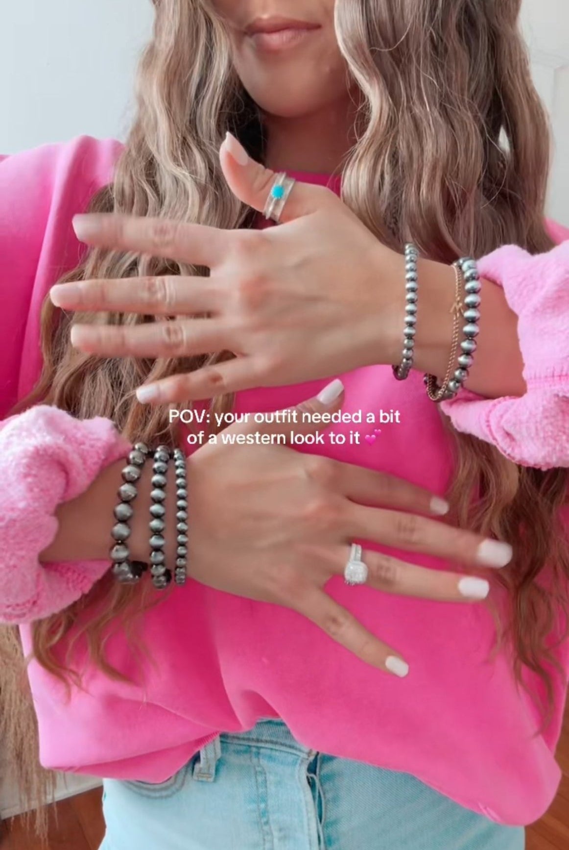 5 for 1 set Faux Sterling Pearl Stretch Bracelet - 7 inch bracelets - Cowhide and Conchos