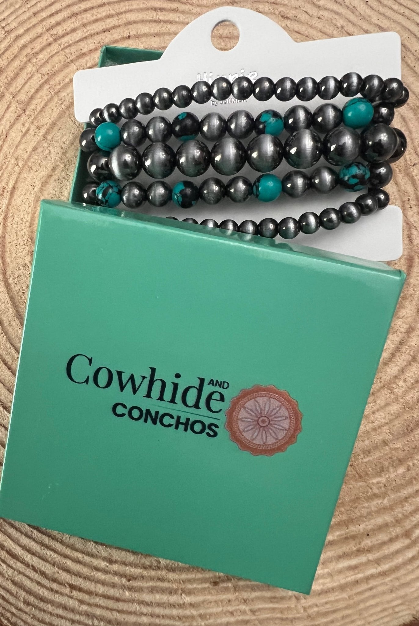 5 for 1 Set of Faux Sterling Pearls Stretch Bracelet with Faux Turquoise Multi Color Stone - Cowhide and Conchos