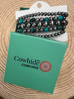 5 for 1 Set of Faux Sterling Pearls Stretch Bracelet with Faux Turquoise Multi Color Stone - Cowhide and Conchos