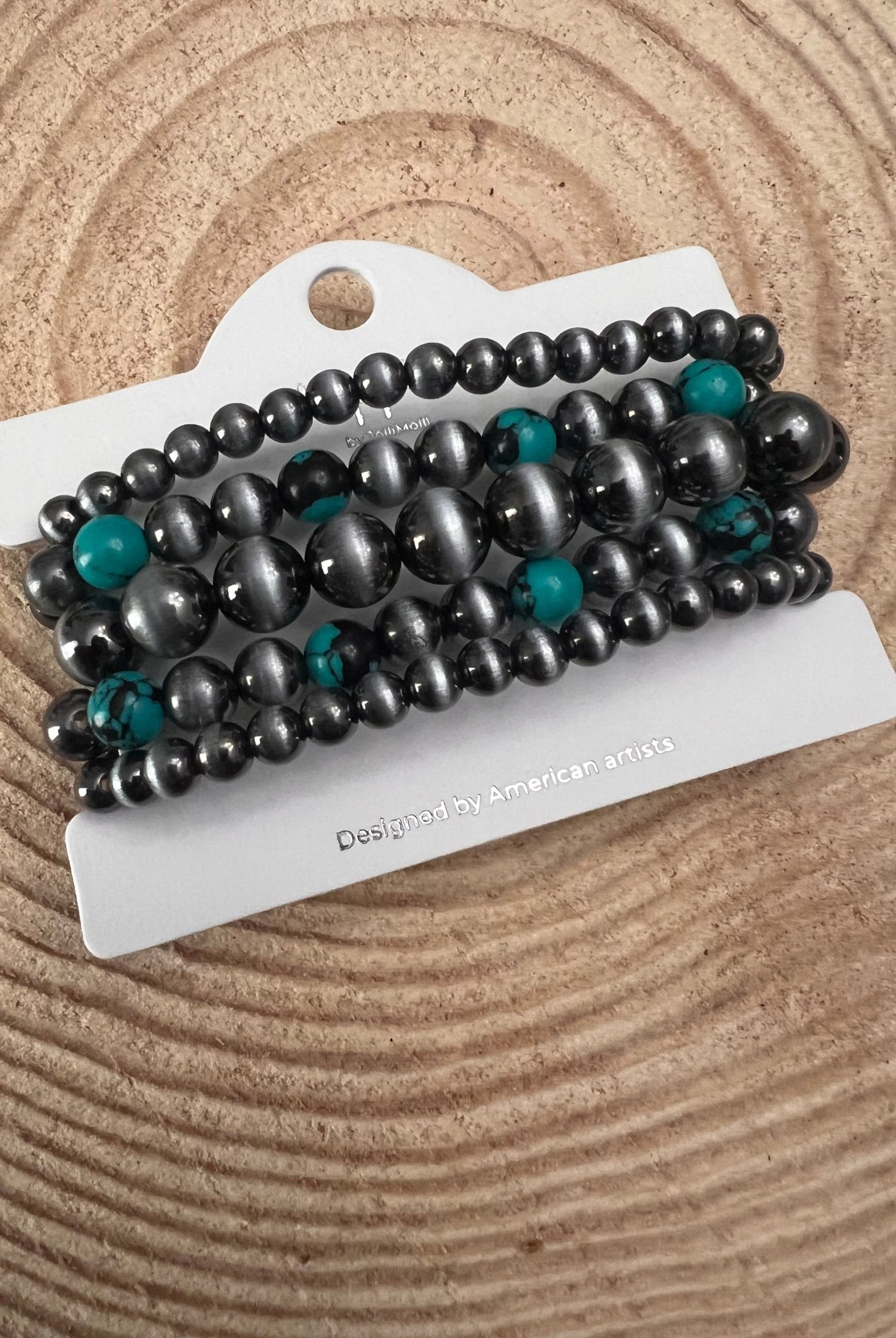 5 for 1 Set of Faux Sterling Pearls Stretch Bracelet with Faux Turquoise Multi Color Stone - Cowhide and Conchos