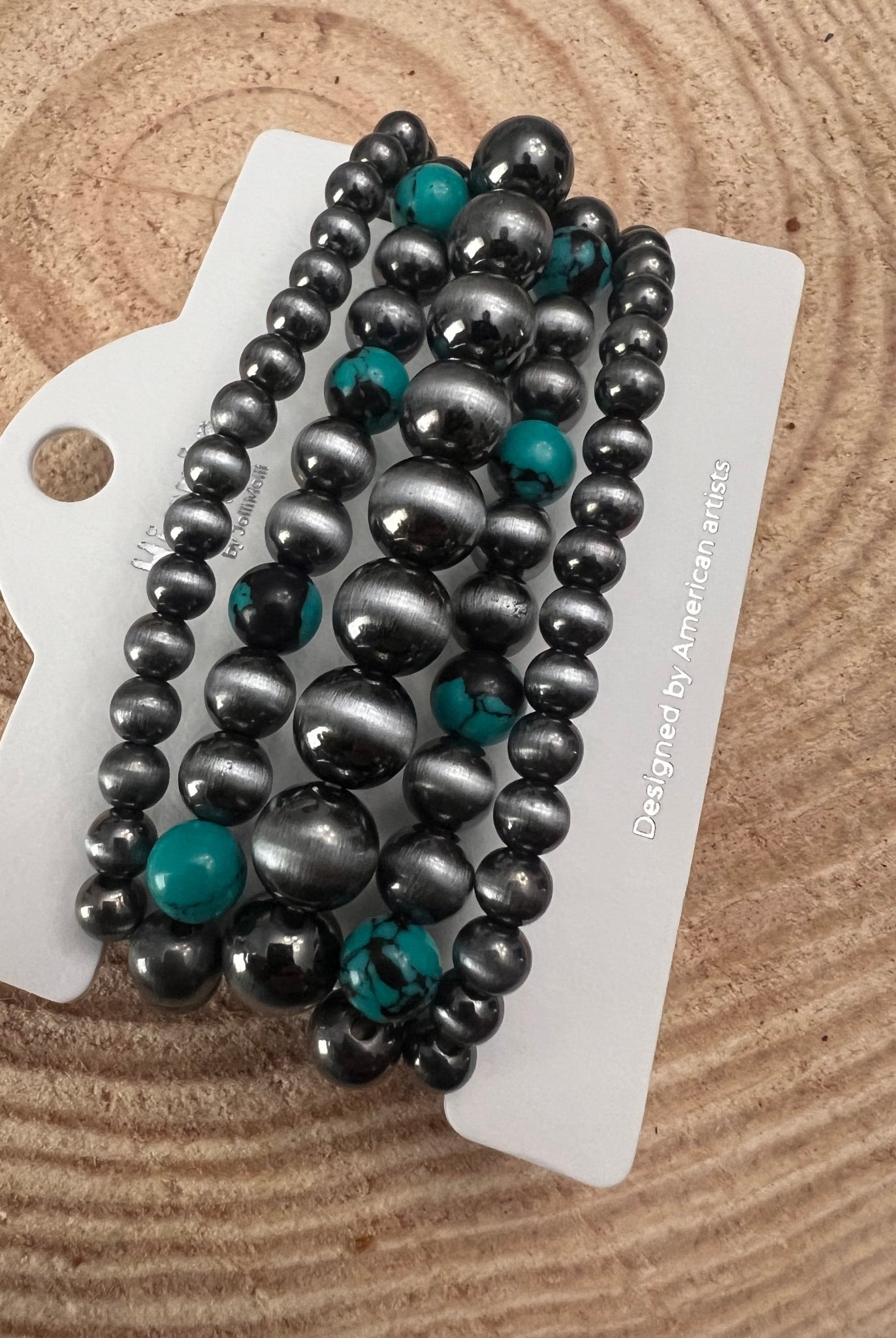 5 for 1 Set of Faux Sterling Pearls Stretch Bracelet with Faux Turquoise Multi Color Stone - Cowhide and Conchos