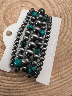5 for 1 Set of Faux Sterling Pearls Stretch Bracelet with Faux Turquoise Multi Color Stone - Cowhide and Conchos