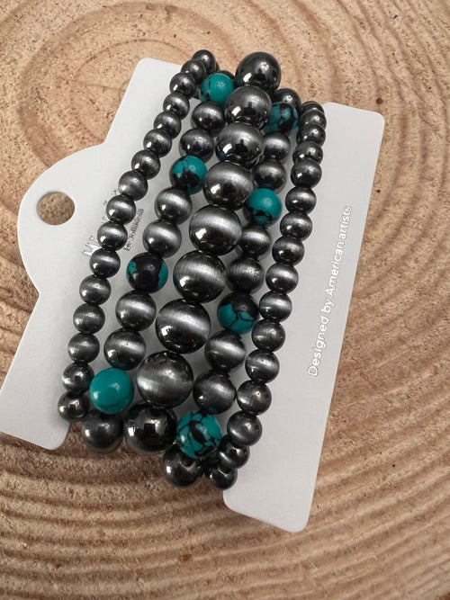 5 for 1 Set of Faux Sterling Pearls Stretch Bracelet with Faux Turquoise Multi Color Stone - Cowhide and Conchos