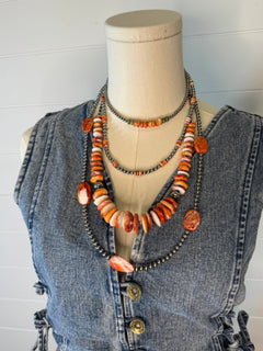 5mm Sterling Pearl and Spiny Oyster necklace - 18 Inch - Cowhide and Conchos