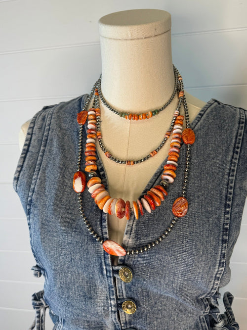 5mm Sterling Pearl and Spiny Oyster necklace - 18 Inch - Cowhide and Conchos