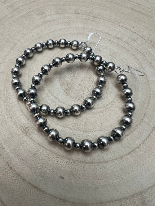 6mm and 3mm Sterling Silver Pearl Hoop Earrings - 2 inch drop - Cowhide and Conchos
