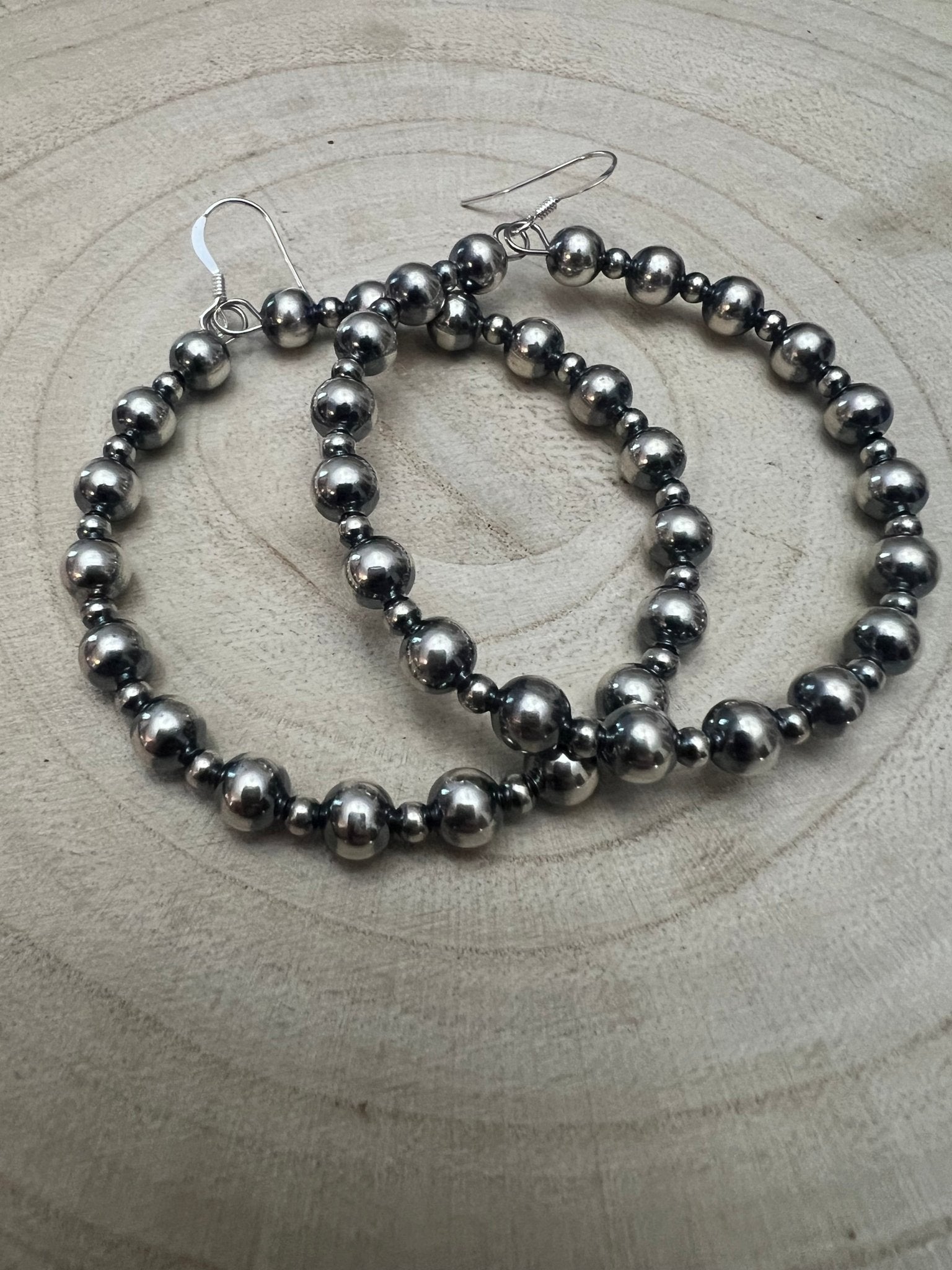 6mm and 3mm Sterling Silver Pearl Hoop Earrings - 2 inch drop - Cowhide and Conchos