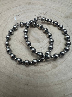6mm and 3mm Sterling Silver Pearl Hoop Earrings - 2 inch drop - Cowhide and Conchos