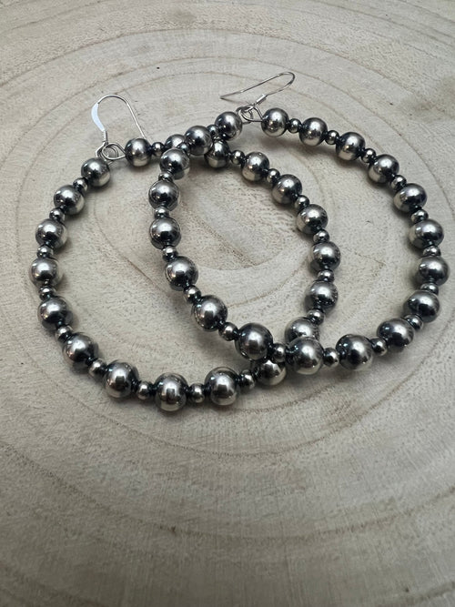 6mm and 3mm Sterling Silver Pearl Hoop Earrings - 2 inch drop - Cowhide and Conchos