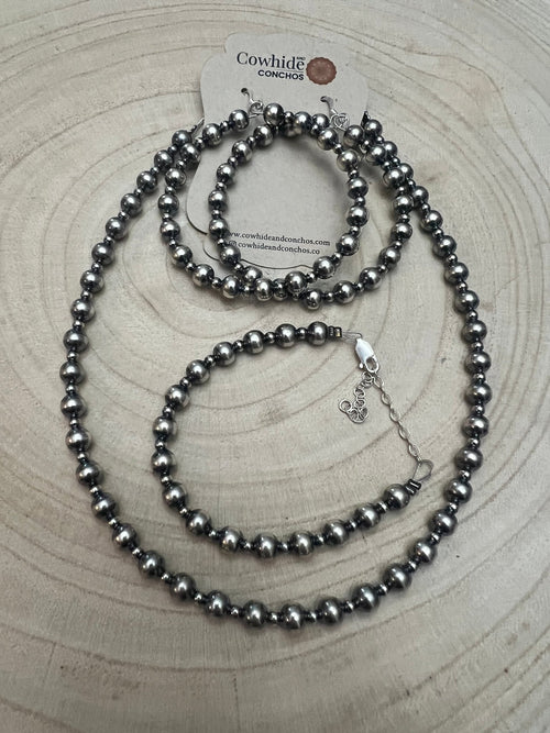 6mm and 3mm Sterling Silver Pearl Hoop Earrings - 2 inch drop - Cowhide and Conchos