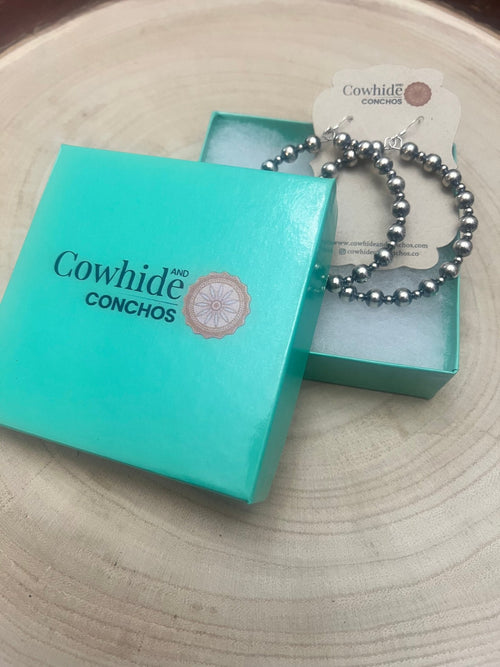 6mm and 3mm Sterling Silver Pearl Hoop Earrings - 2 inch drop - Cowhide and Conchos