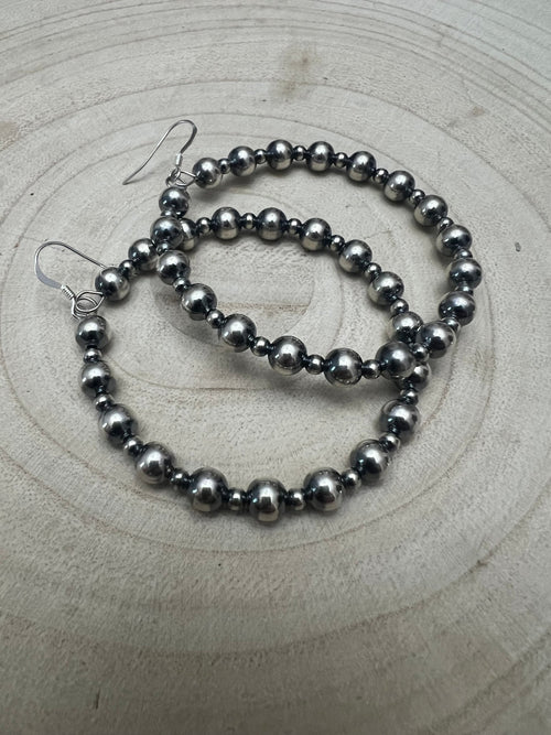 6mm and 3mm Sterling Silver Pearl Hoop Earrings - 2 inch drop - Cowhide and Conchos