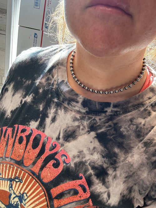 6mm and 3mm Sterling Silver Navajo Pearls choker necklace - 14 inch choker - Cowhide and Conchos