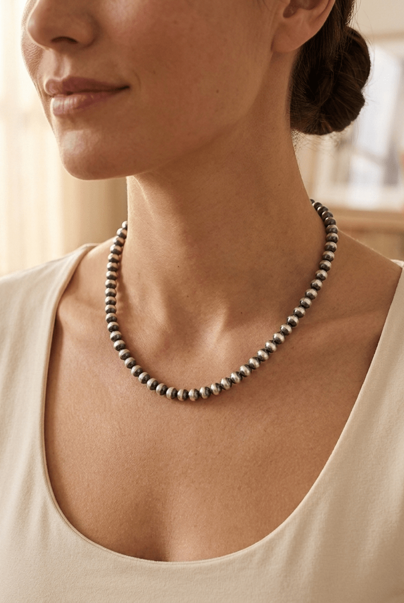 6mm Sterling Pearl Necklace — 16 inch - Cowhide and Conchos