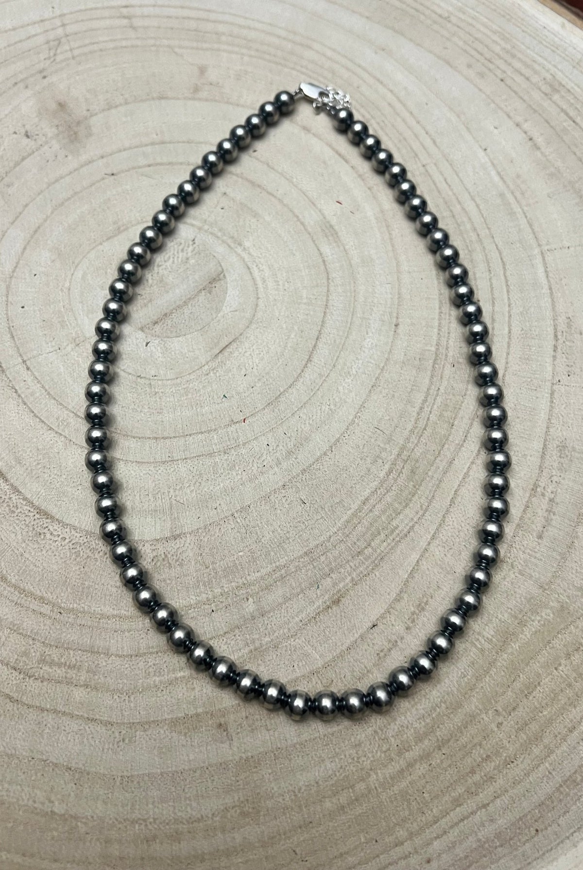 6mm Sterling Pearl Necklace - 16 inch - Cowhide and Conchos