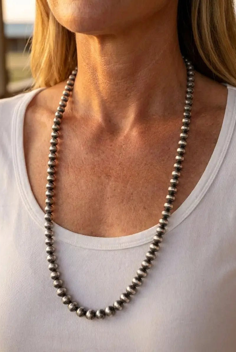 6mm Sterling Pearl Necklace — 22 inch - Cowhide and Conchos