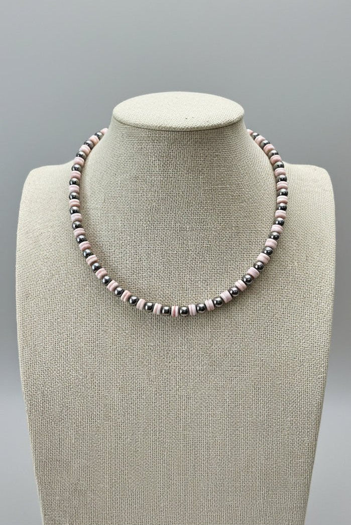 6mm Sterling Pearl & Pink Conch Choker — 14 inch (with 2 inch extender) - Cowhide and Conchos