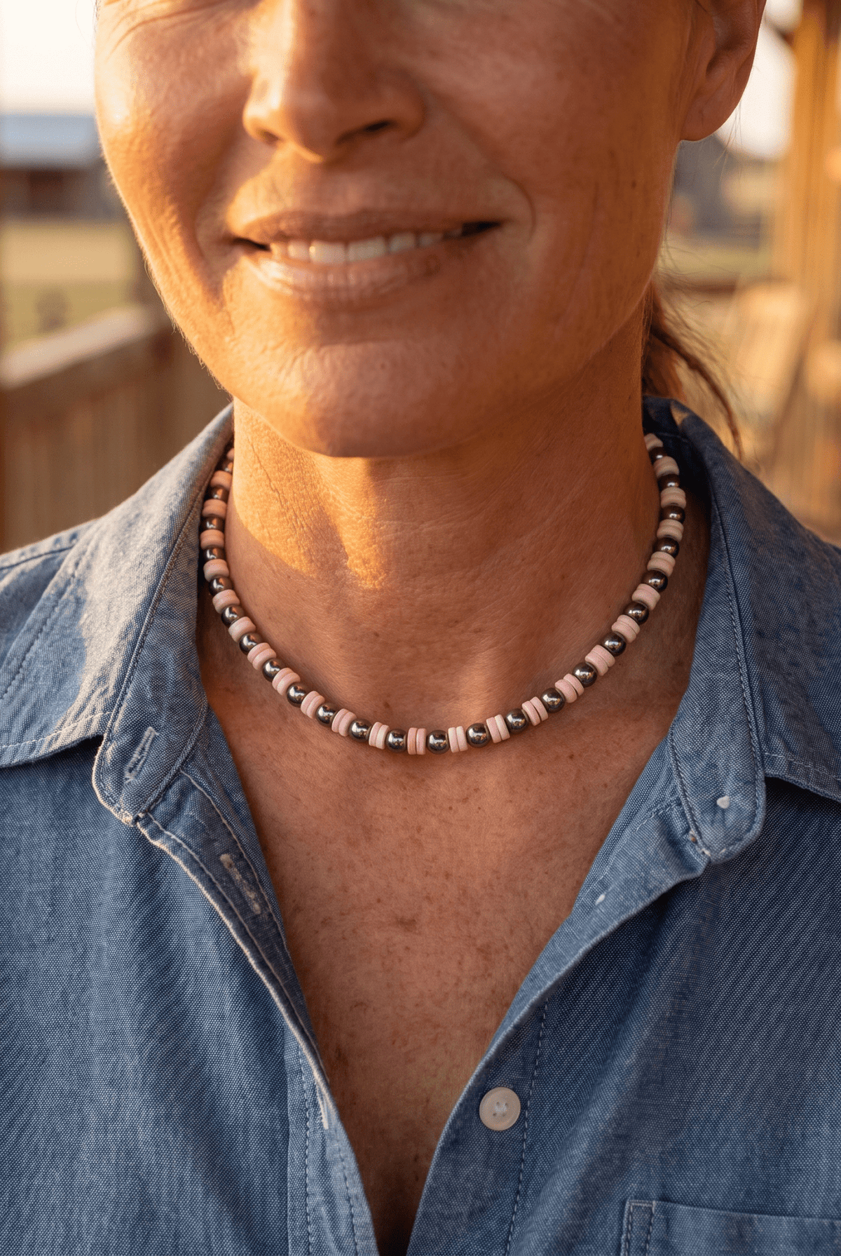 6mm Sterling Pearl & Pink Conch Choker — 14 inch (with 2 inch extender) - Cowhide and Conchos