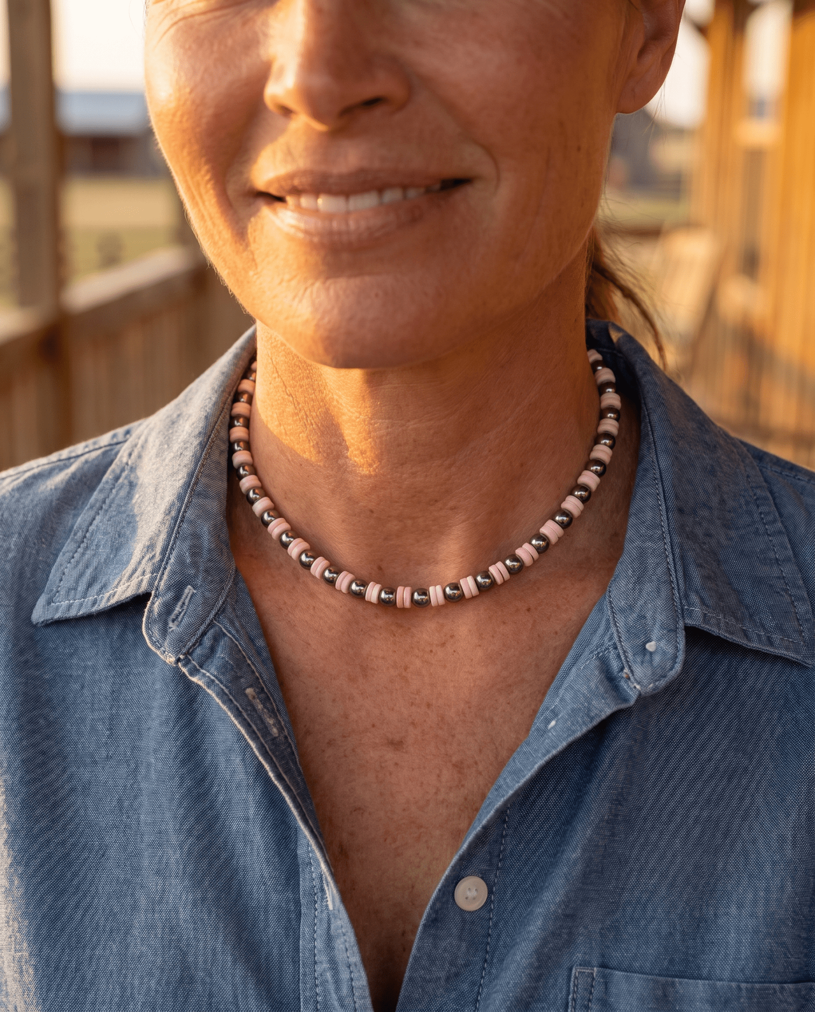 6mm Sterling Pearl & Pink Conch Choker — 14 inch (with 2 inch extender) - Cowhide and Conchos