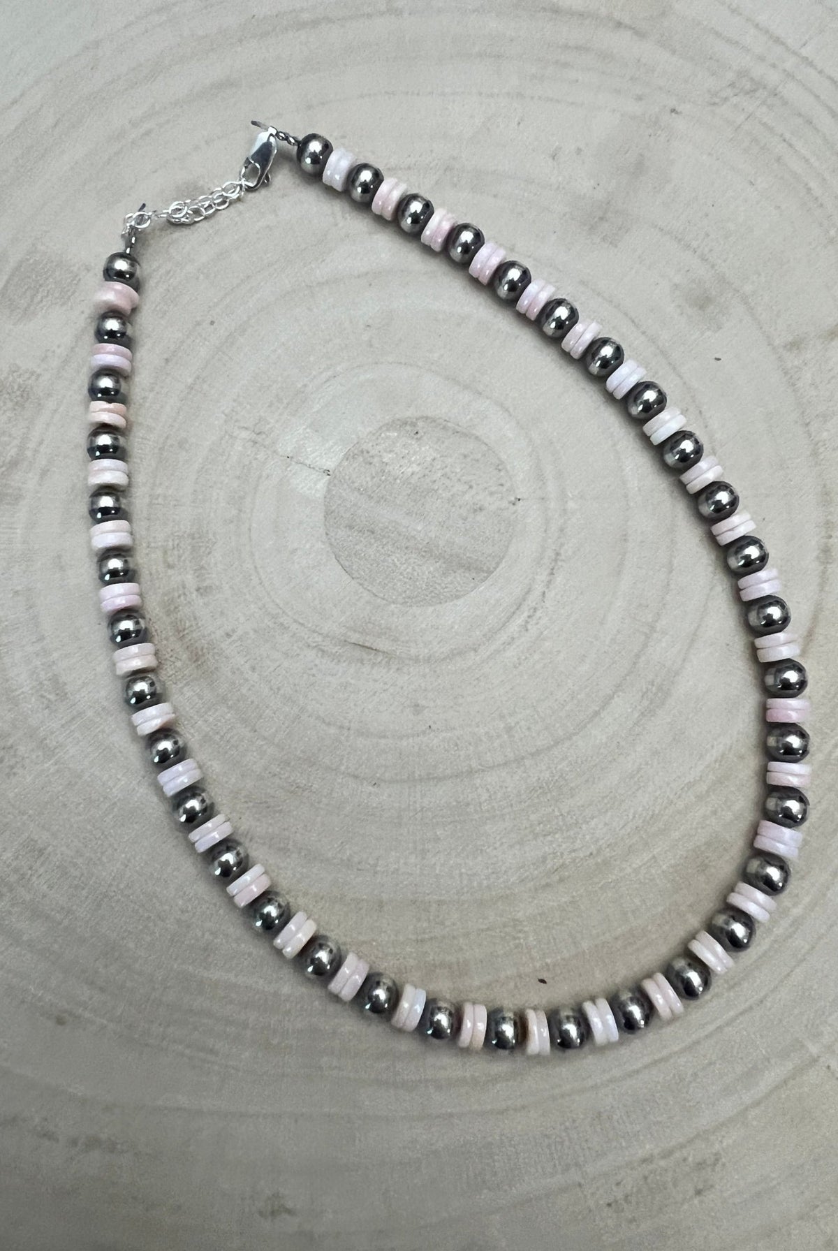 6mm Sterling Pearl & Pink Conch Choker — 14 inch (with 2 inch extender) - Cowhide and Conchos