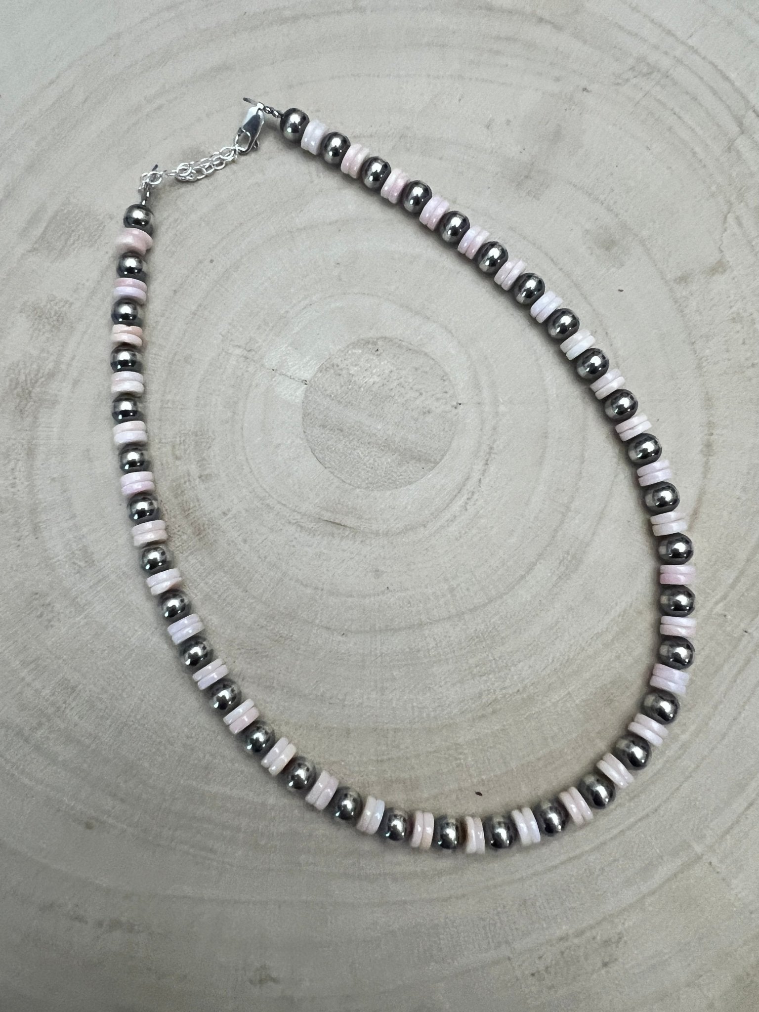 6mm Sterling Pearl & Pink Conch Choker — 14 inch (with 2 inch extender) - Cowhide and Conchos