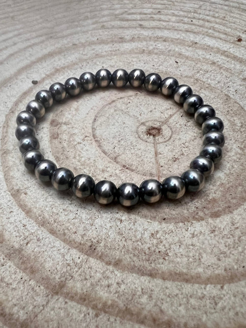 6mm - Sterling Pearl Stretch Bracelet - Cowhide and Conchos